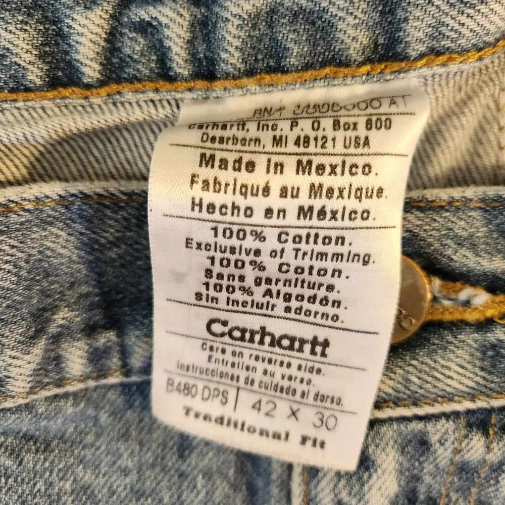 Carhartt Jeans Mens 42x30 Blue Traditional Fit Cotton Denim Distressed Worn Work